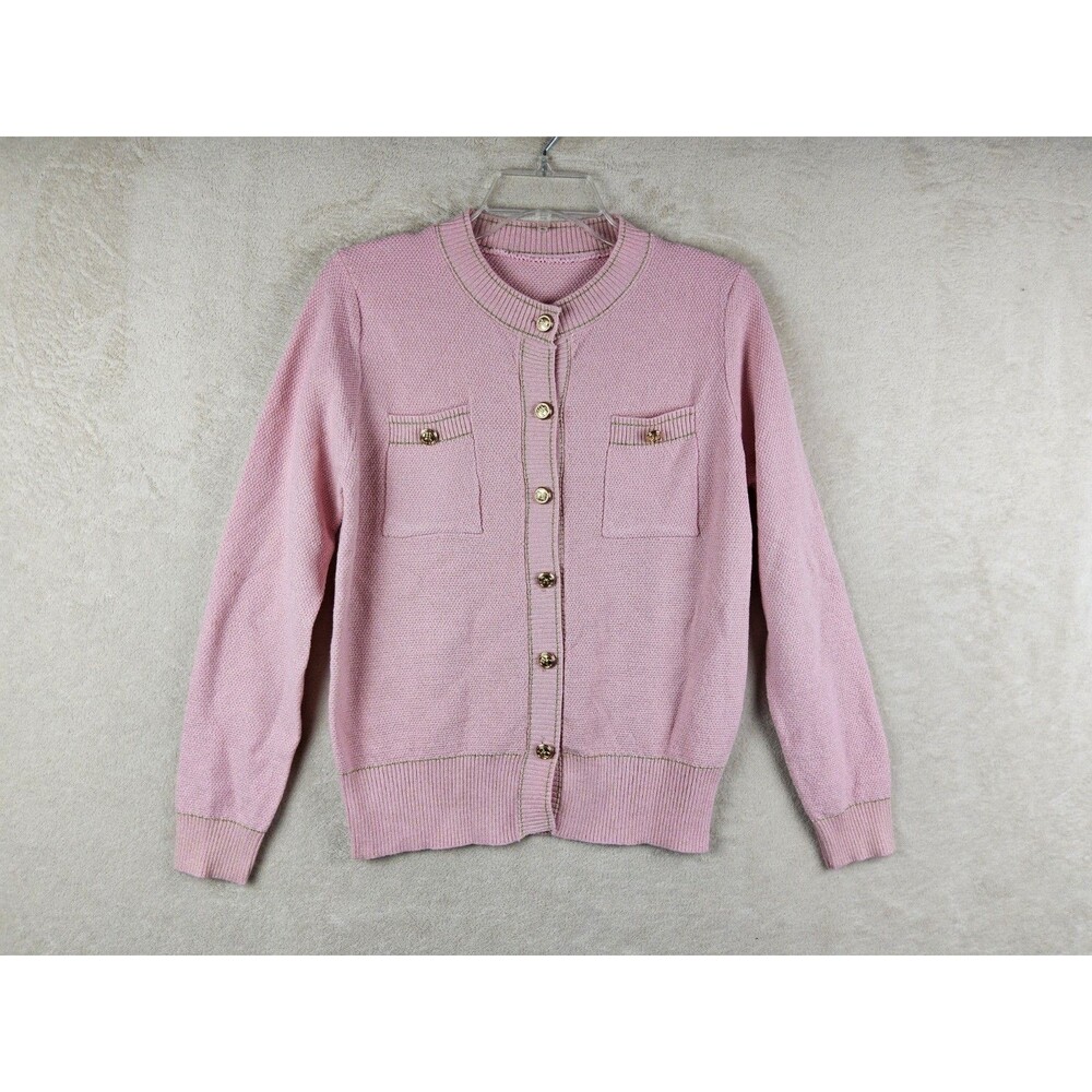 Elisabetta Franchi Pink Knit Cardigan Gold Logo Buttons Metallic Trim Size M